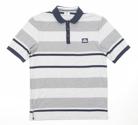 Lonsdale Mens Grey Striped Cotton Polo Size L Collared Button