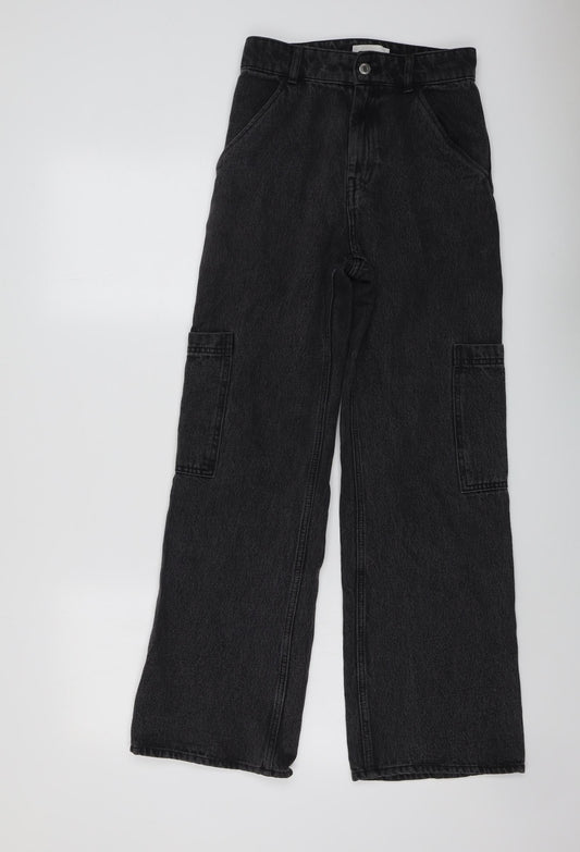 H&M Womens Black Cotton Wide-Leg Jeans Size 6 L28 in Regular Button