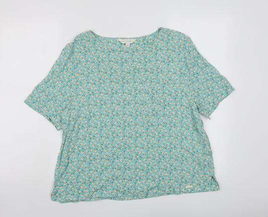 Marks and Spencer Womens Green Floral Viscose Basic T-Shirt Size 14 Round Neck