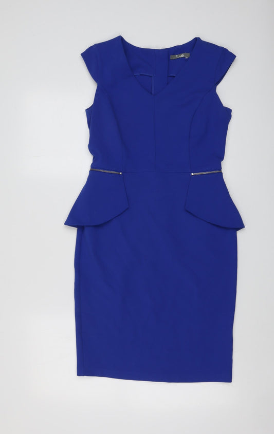 South Womens Blue Polyester Sheath Size 8 V-Neck Zip - Cap Sleeve Peplum