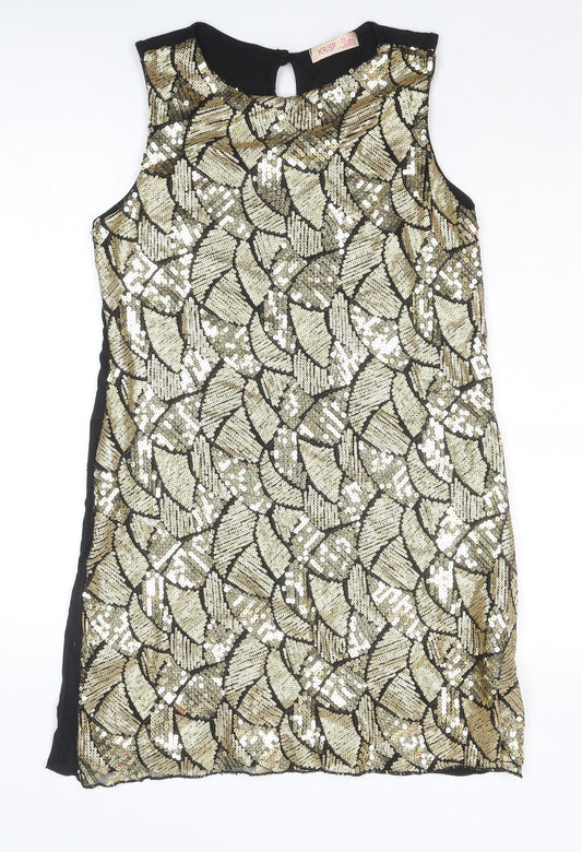 Krisp Womens Gold Geometric Polyester Shift Size 10 Round Neck Button