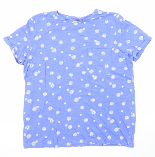 Marks and Spencer Womens Blue Floral Cotton Basic T-Shirt Size 14 Crew Neck - Daisy Print