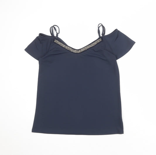 NEXT Womens Blue Polyester Basic Blouse Size 8 V-Neck - Cold Shoulder