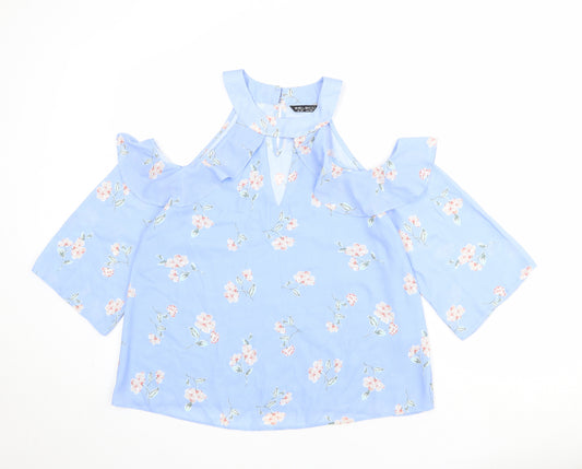 Select Womens Blue Floral Polyester Basic Blouse Size 12 Round Neck - Cold Shoulder