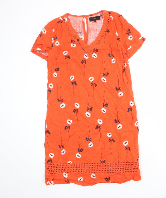 NEXT Womens Orange Floral Linen A-Line Size 8 V-Neck Button