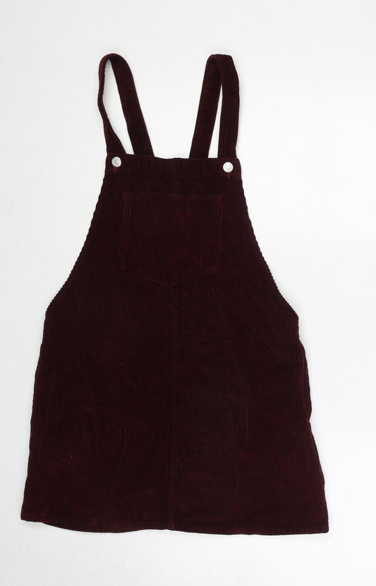 Topshop Womens Red Cotton Pinafore/Dungaree Dress Size 10 Square Neck Button