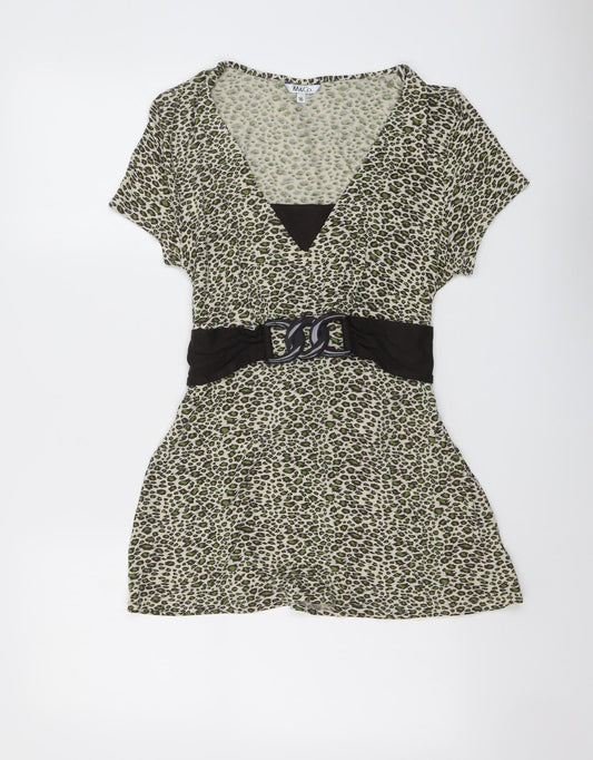M&Co Womens Beige Animal Print Viscose Basic Blouse Size 16 V-Neck - Leopard Print