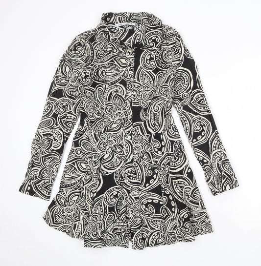 Zara Womens Black Geometric 100% Cotton Shirt Dress Size M Collared Button