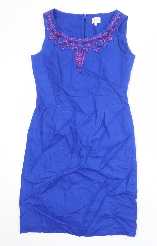 EAST Womens Blue Floral Linen A-Line Size 8 Round Neck Zip