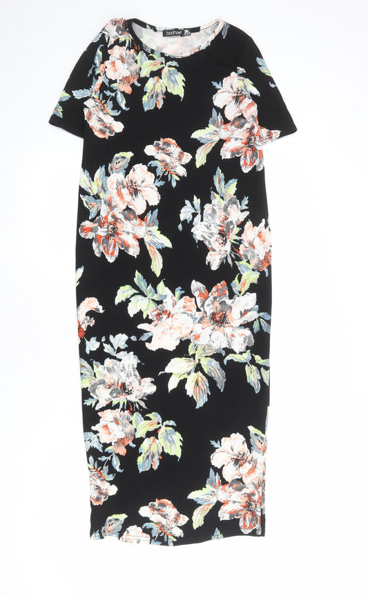 Boohoo Womens Black Floral Polyester A-Line Size 8 Round Neck Pullover