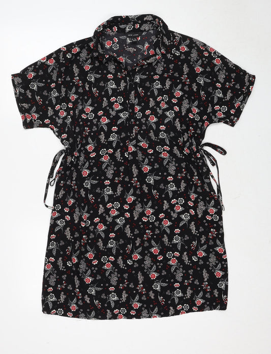 New Look Womens Black Floral Polyester Shirt Dress Size 8 Collared Pullover