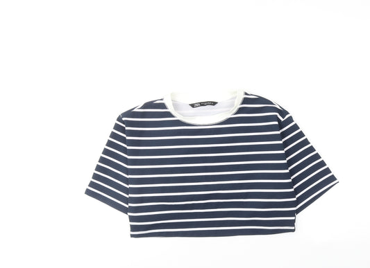 Zara Womens Blue Striped Polyester Cropped T-Shirt Size M Round Neck