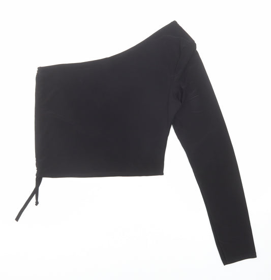 PRETTYLITTLETHING Womens Black Polyester Basic Blouse Size 14 One Shoulder - Asymmetric Neckline