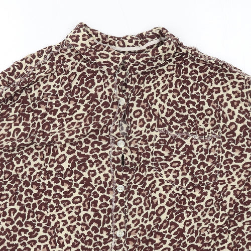 We The Free Womens Brown Animal Print Viscose Basic Button-Up Size L Collared - Leopard Print
