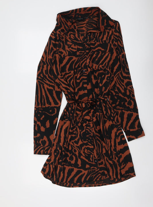 Brave Soul Womens Brown Animal Print Polyester Shirt Dress Size 8 Collared Button - Tiger pattern