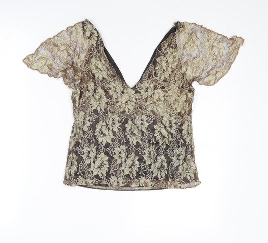 River Island Womens Gold Floral Viscose Basic Blouse Size 14 V-Neck - Lace Overlay