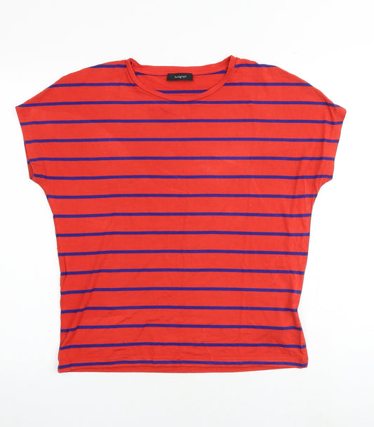 Marks and Spencer Womens Red Striped Viscose Basic T-Shirt Size 10 Round Neck