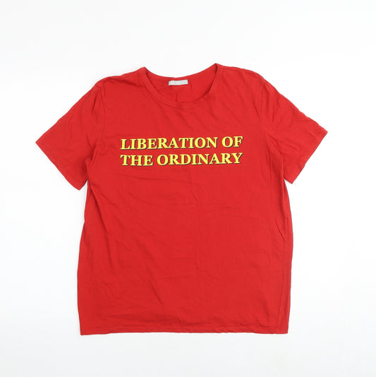 Zara Womens Red Cotton Basic T-Shirt Size M Round Neck - Liberation of The Ordinary