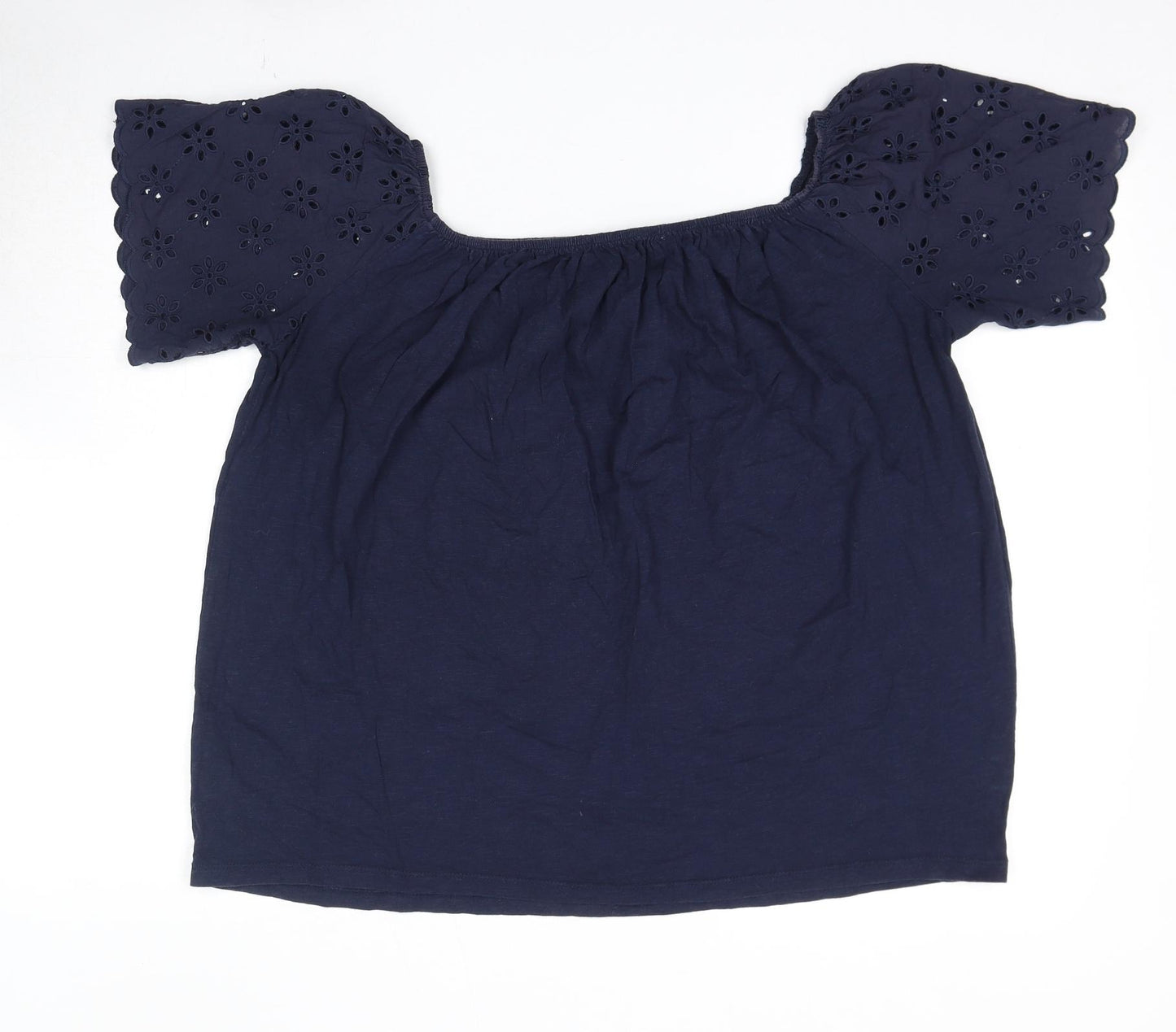 Marks and Spencer Womens Blue Cotton Basic Blouse Size 16 Off the Shoulder - Broderie Anglaise Detail