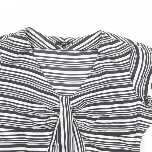 Linea Womens Black Striped Silk Basic Blouse Size 16 V-Neck