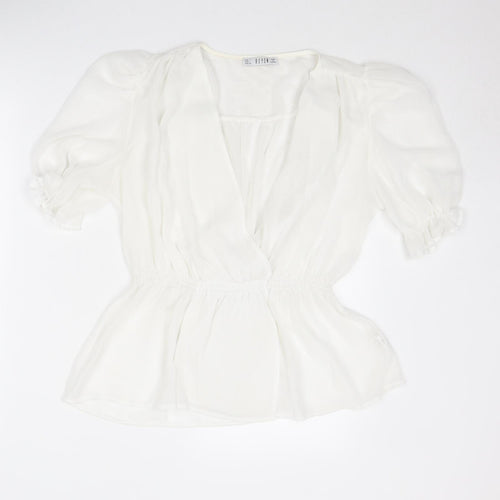 Reyon Womens White Polyester Basic Blouse Size L V-Neck - Peplum Wrap Style Front