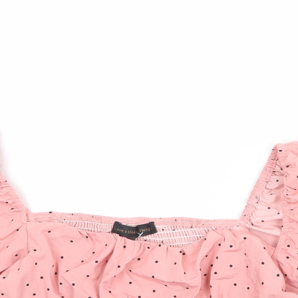 Love & Other Things Womens Pink Polka Dot Polyester Cropped Blouse Size S Square Neck - Puff Sleeve