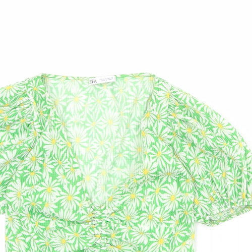 Zara Womens Green Floral Polyester Basic Blouse Size S V-Neck - Ruched Front