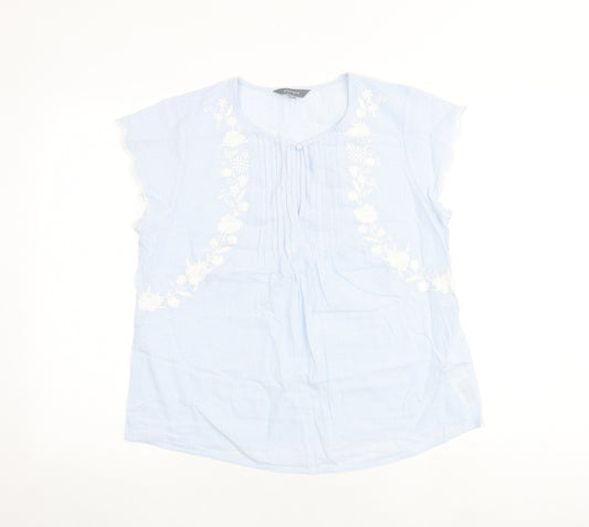 Principles Womens Blue Striped 100% Cotton Basic Blouse Size 12 Round Neck - Floral Detail