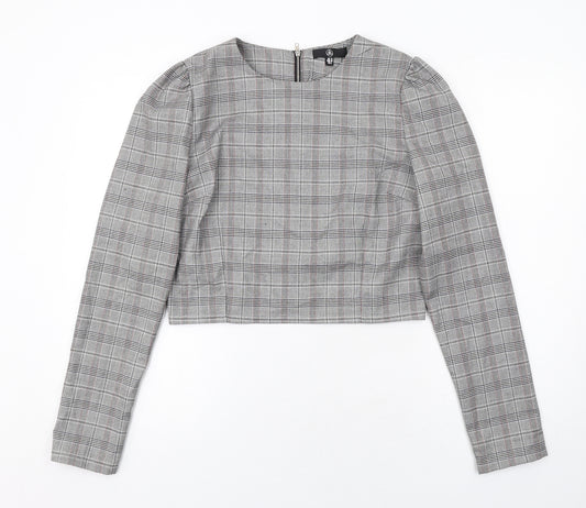Missguided Womens Grey Plaid Polyester Cropped Blouse Size 12 Boat Neck
