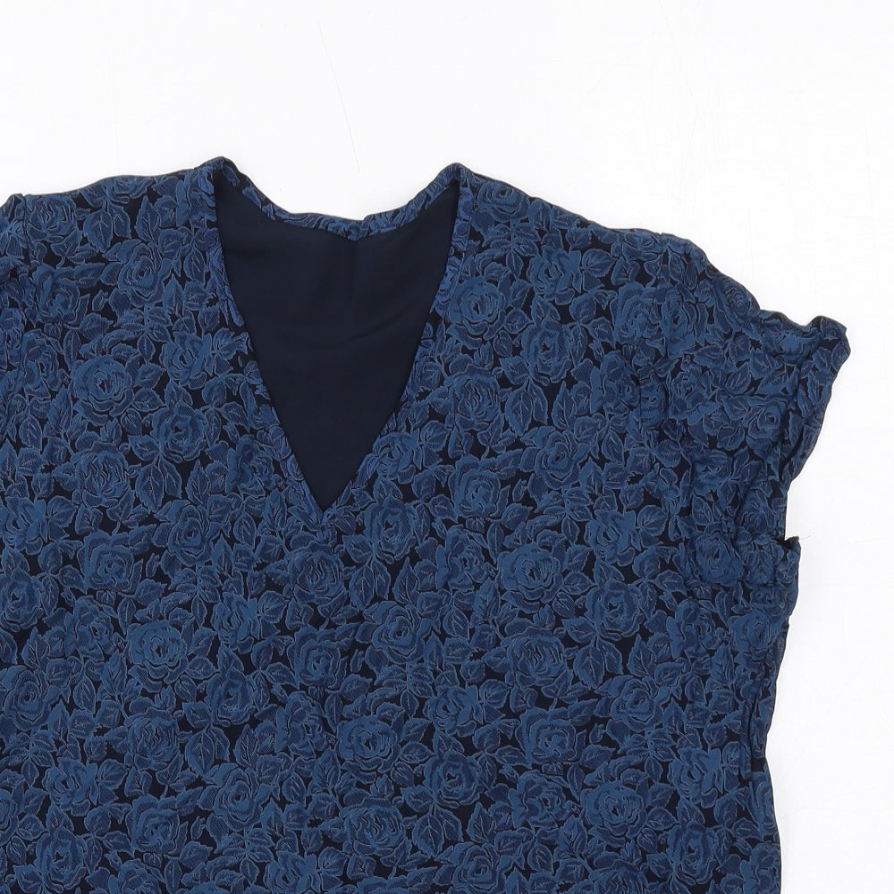 Marks and Spencer Womens Blue Floral Polyester Basic Blouse Size 12 V-Neck