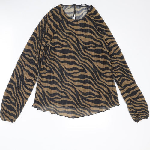 Marks and Spencer Womens Brown Animal Print Polyester Basic Blouse Size 12 Round Neck - Zebra Pattern