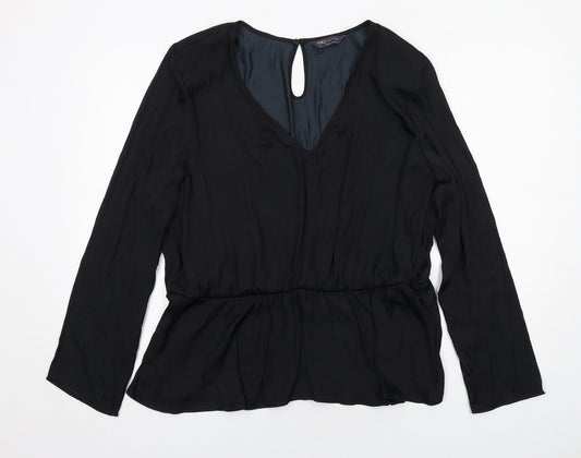 Marks and Spencer Womens Black Polyester Basic Blouse Size 24 V-Neck