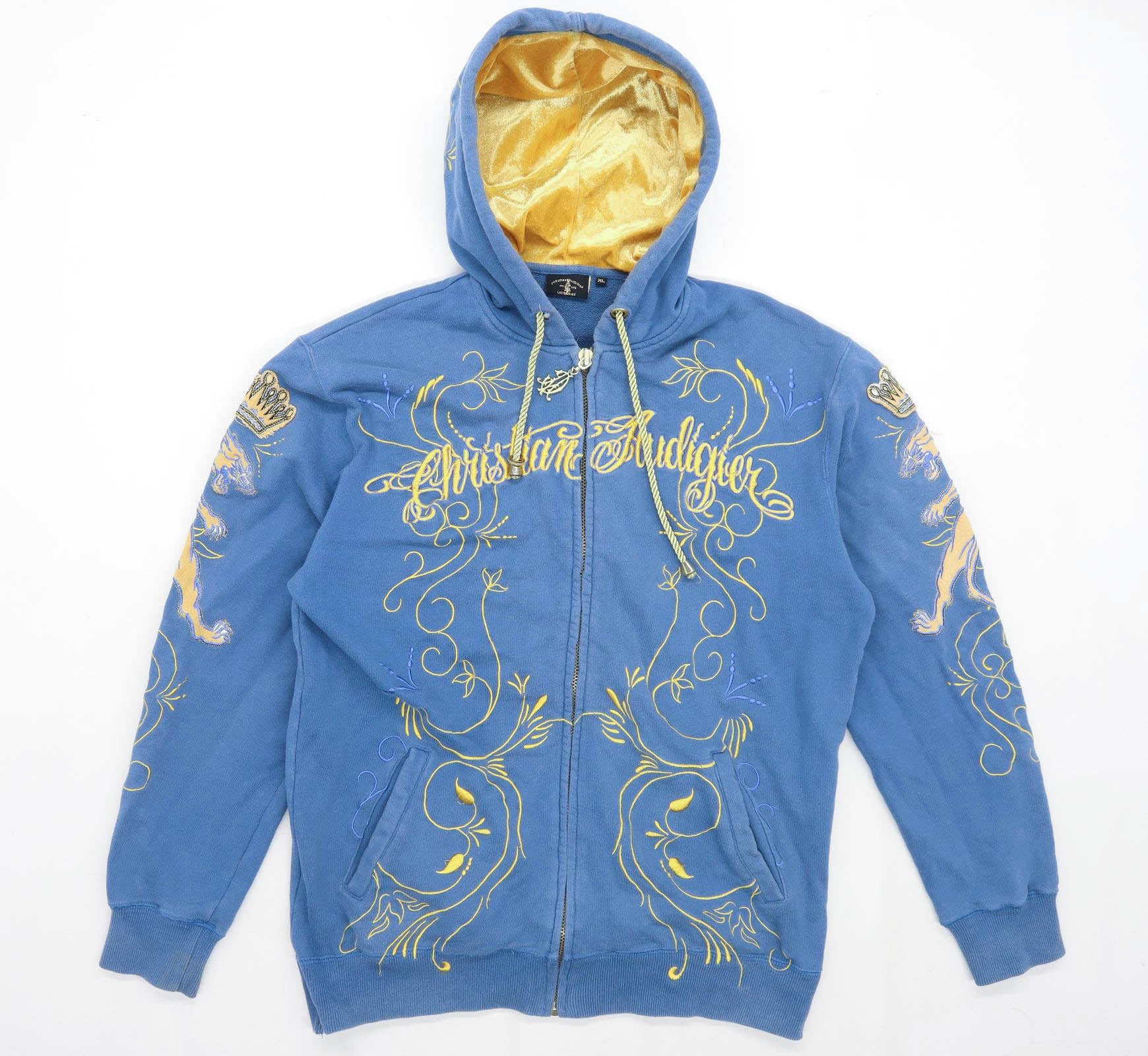 Christian Audigier Mens Size XL Cotton Blend Floral Blue Zip Up Hoodie Preworn Ltd