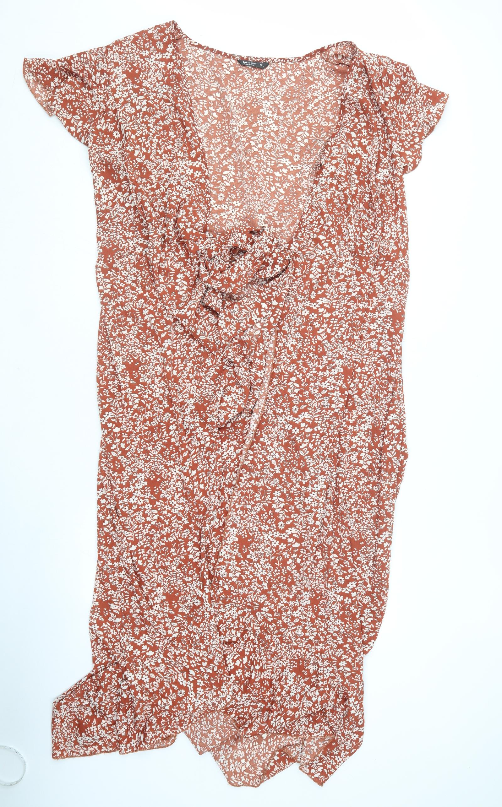 SheIn Womens Brown Floral Cotton Wrap Dress Size 2XL V-Neck