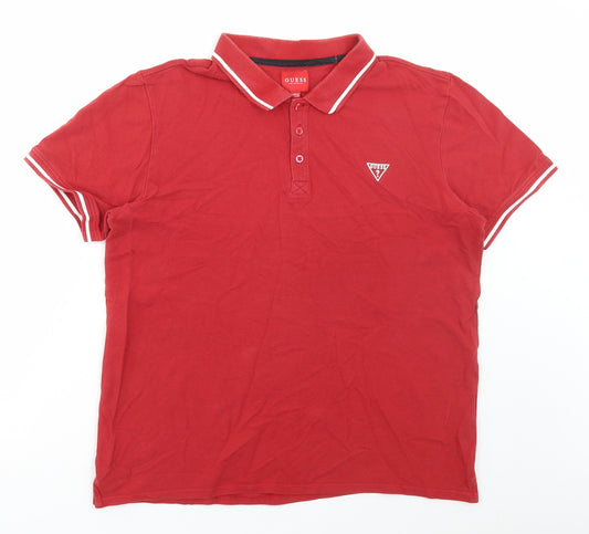 GUESS Mens Red Cotton Polo Size L Collared Button