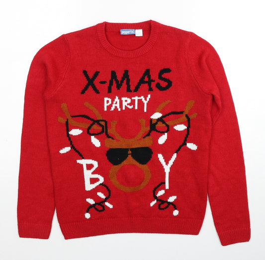 Pepperts Boys Red Crew Neck Acrylic Pullover Jumper Size 10-11 Years Pullover - Christmas Reindeer