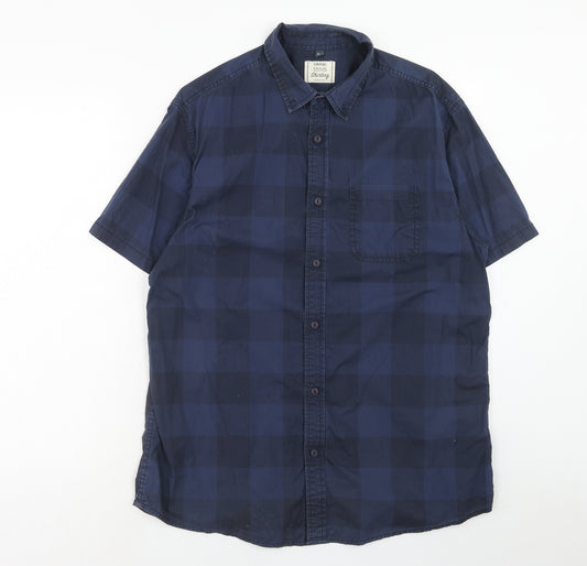 George Mens Blue Check Cotton Button-Up Size L Collared Button