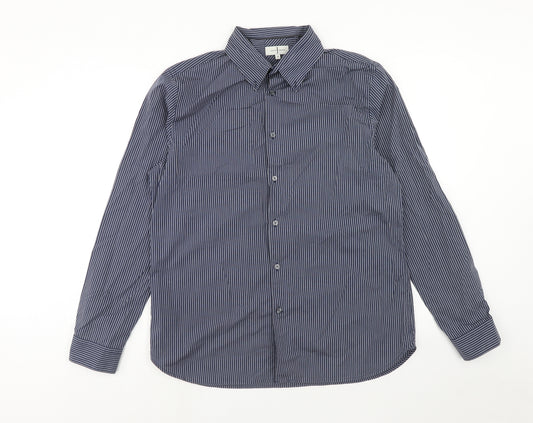 Jasper Conran Mens Blue Striped Cotton Button-Up Size L Collared Button