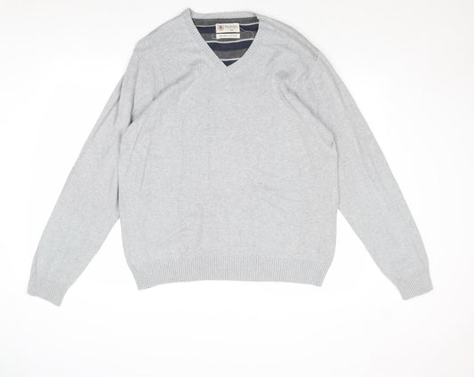 Marks and Spencer Mens Grey V-Neck Cotton Pullover Jumper Size L Long Sleeve