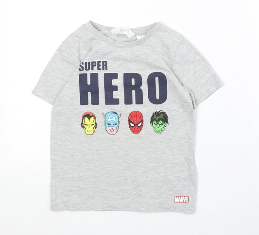 H&M Boys Grey Cotton Basic T-Shirt Size 4-5 Years Round Neck Pullover - Super Hero Marvel