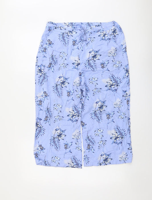 Bonmarché Womens Blue Floral Linen Trousers Size 12 L20 in Regular Drawstring
