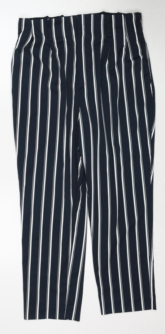 H&M Womens Blue Striped Cotton Trousers Size 16 Regular Zip