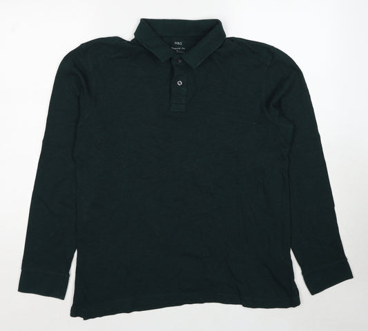 Marks and Spencer Mens Green Cotton Polo Size S Collared Pullover