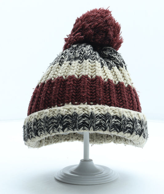 F&F Boys Red Striped Acrylic Bobble Hat One Size