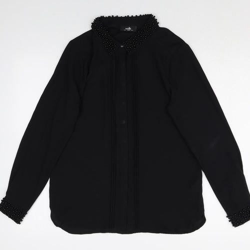 Wallis Womens Black Polyester Basic Button-Up Size 8 Collared - Embellished Neckline