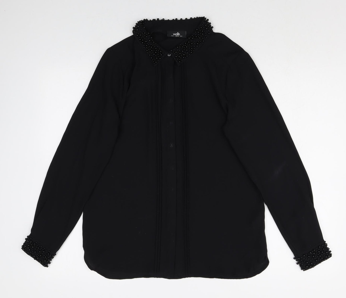 Wallis Womens Black Polyester Basic Button-Up Size 8 Collared - Embellished Neckline