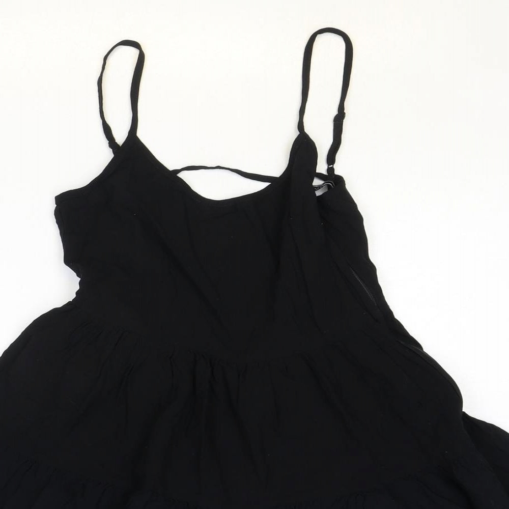 H&M Womens Black Viscose Skater Dress Size 10 Scoop Neck Zip