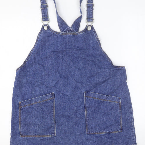 TU Womens Blue Cotton Pinafore/Dungaree Dress Size 16 Scoop Neck Buckle - Pockets Distressed Hem