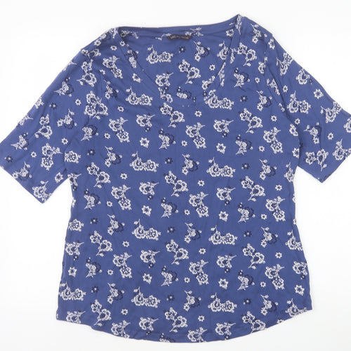 Marks and Spencer Womens Blue Floral 100% Cotton Basic T-Shirt Size 20 Scoop Neck