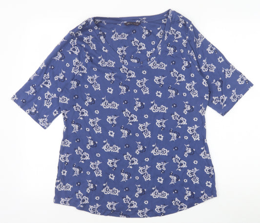 Marks and Spencer Womens Blue Floral 100% Cotton Basic T-Shirt Size 20 Scoop Neck